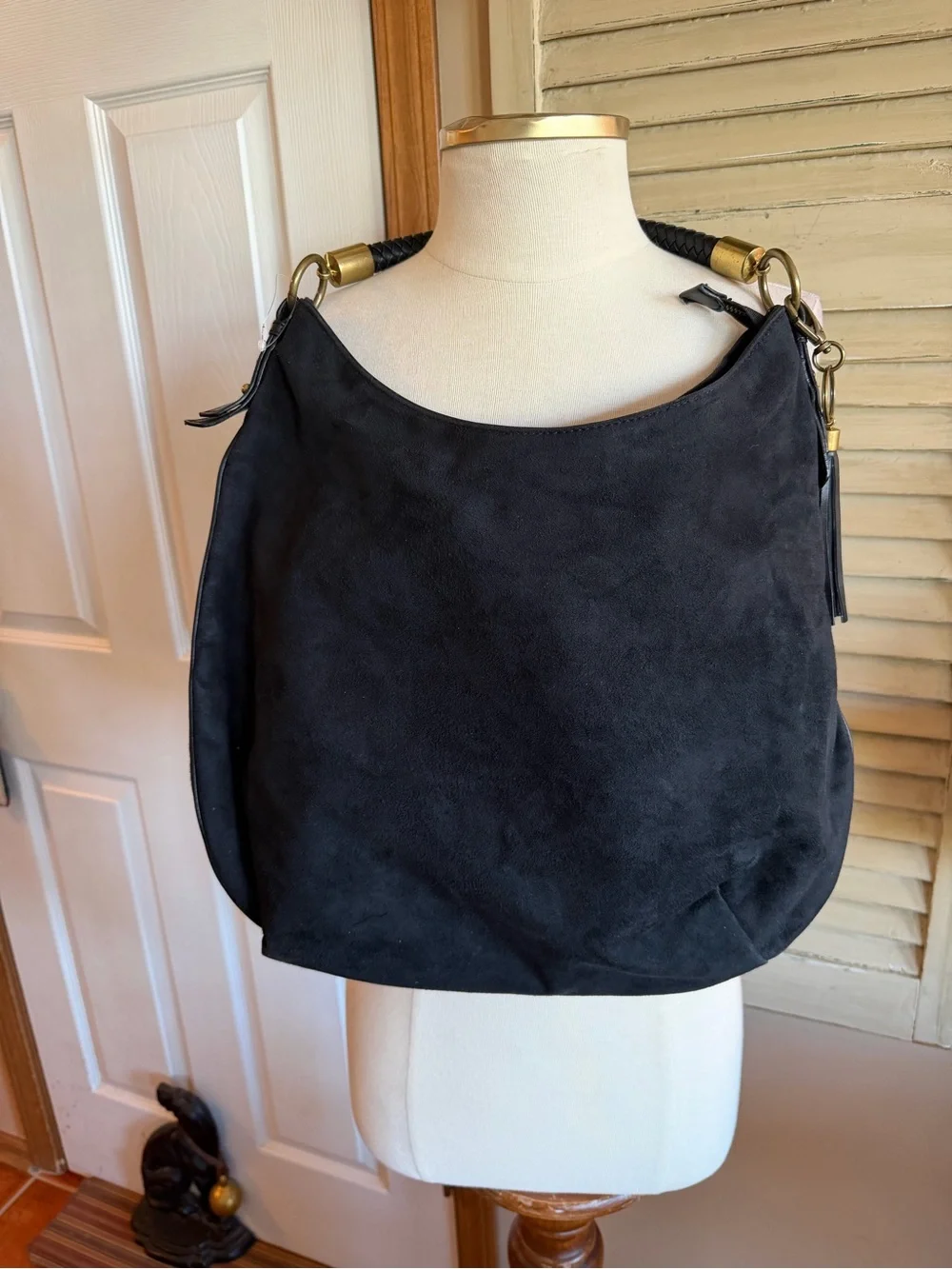 NINE WEST Black Suede Hobo Handbag with Tassel Accent ALL MAN MADE MATERIALS